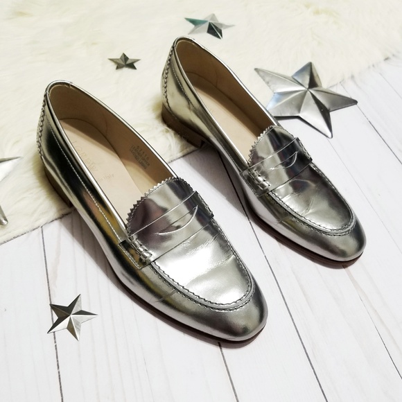 J. Crew Shoes - J. Crew metallic dark silver penny loafers leather